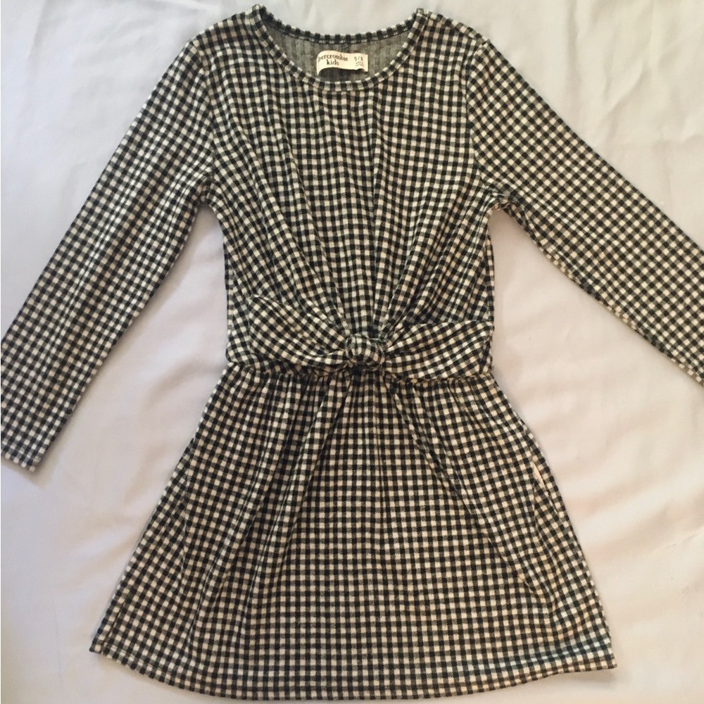 Girls Black and White Gingham Knot-Front Casual Dress